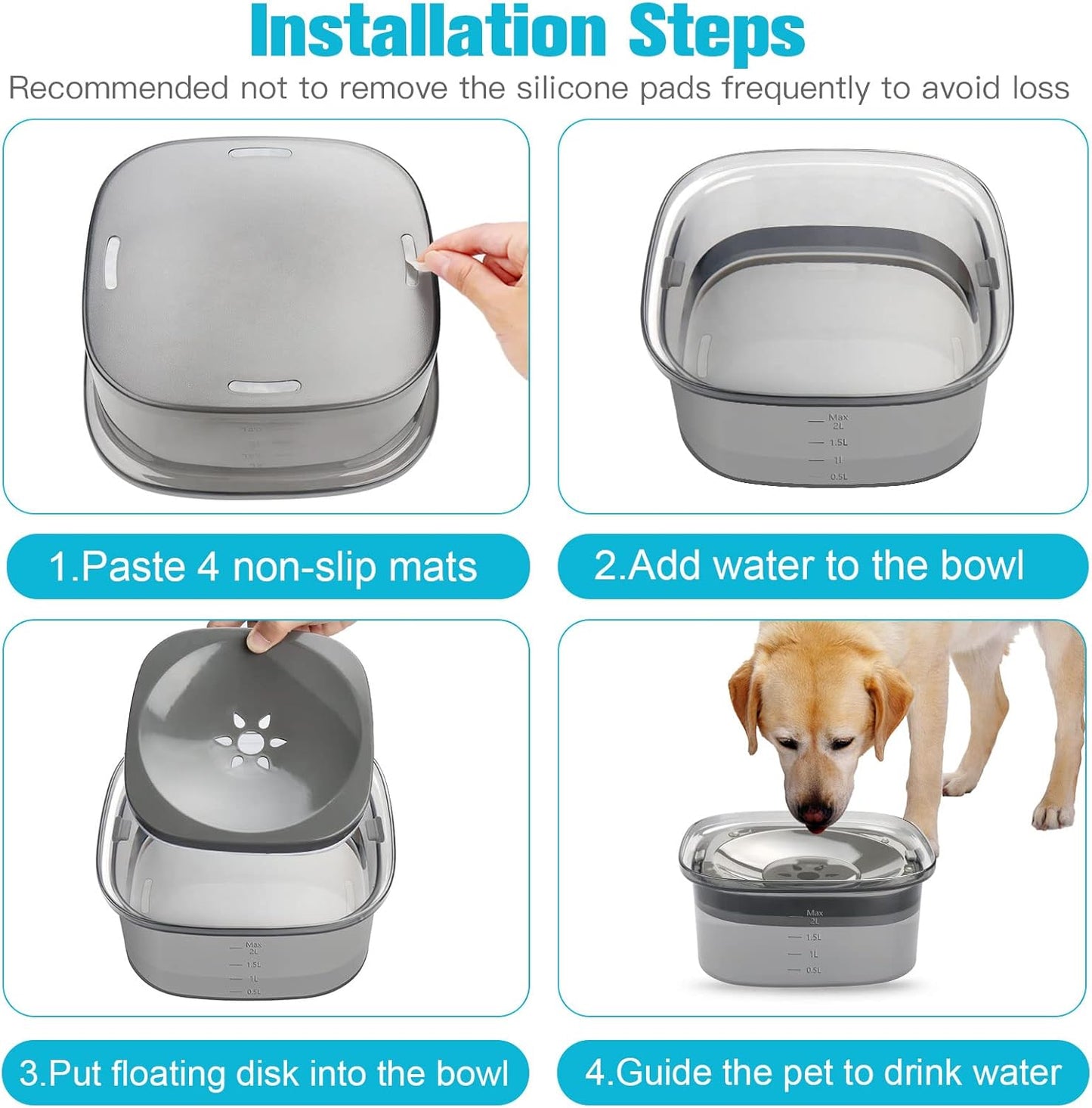 No Spill Dog Water Bowl - 2L Large Capacity Slow Feeder for Messy Drinkers