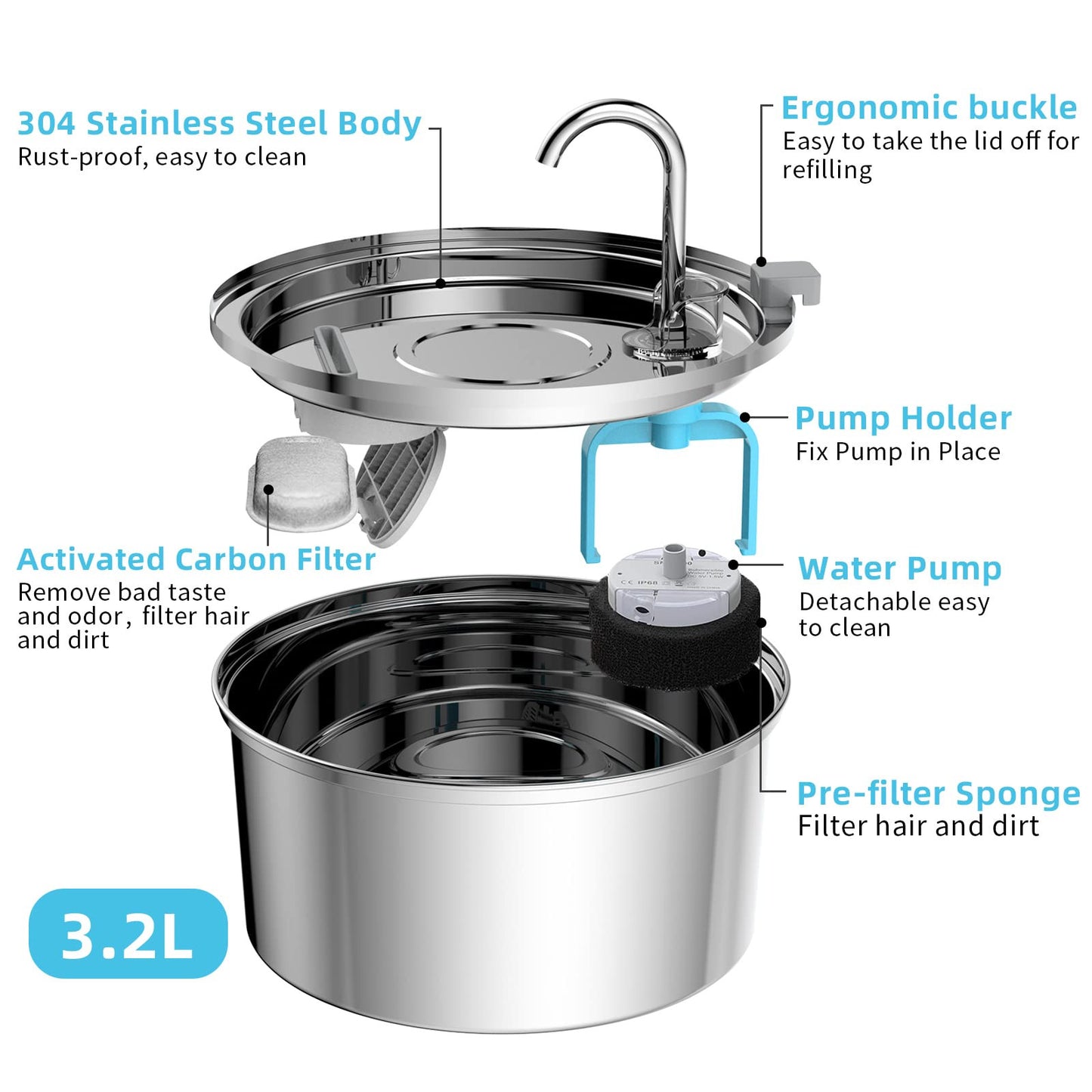 Durable Stainless Steel Automatic Pet Water Fountain - 3.2L Capacity with Advanced Filtration