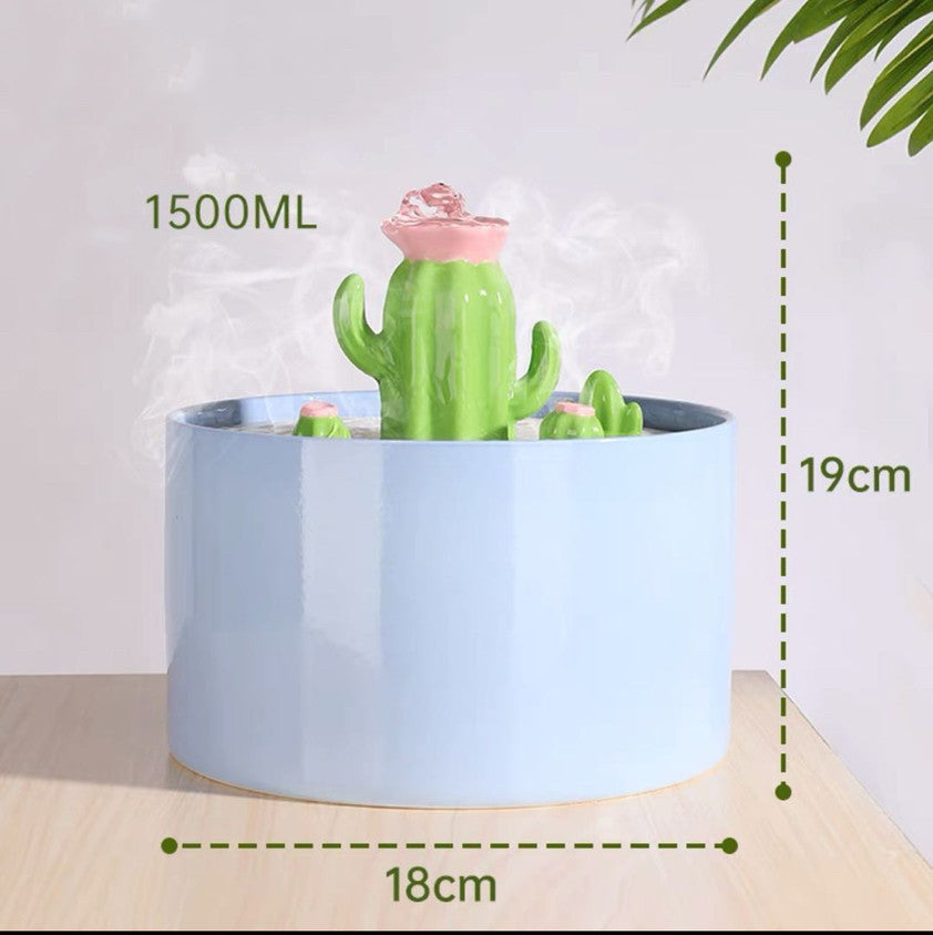 Charming Cactus Ceramic Pet Water Fountain - Silent, Automatic, and Easy to Clean