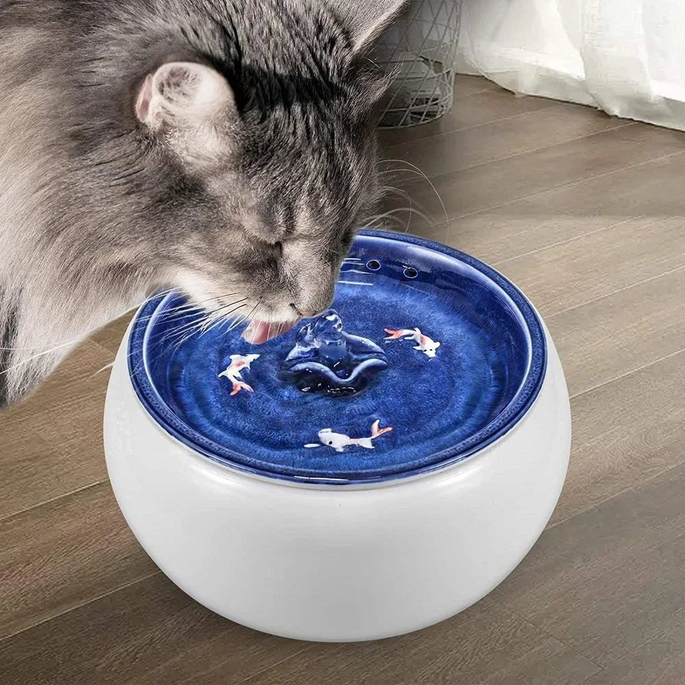 Blue-White Ceramic Pet Water Fountain, Quiet Pump & Smart Sensor - Aussie Cats' Hydration Oasis!