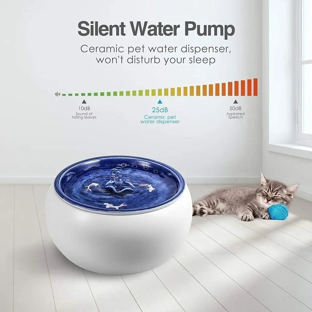 Blue-White Ceramic Pet Water Fountain, Quiet Pump & Smart Sensor - Aussie Cats' Hydration Oasis!