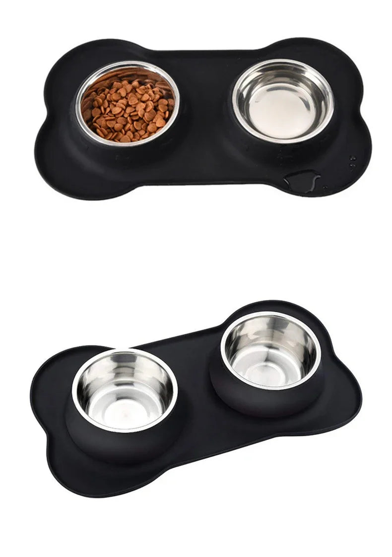 Spill-Proof Double Dog Bowl with Silicone Mat