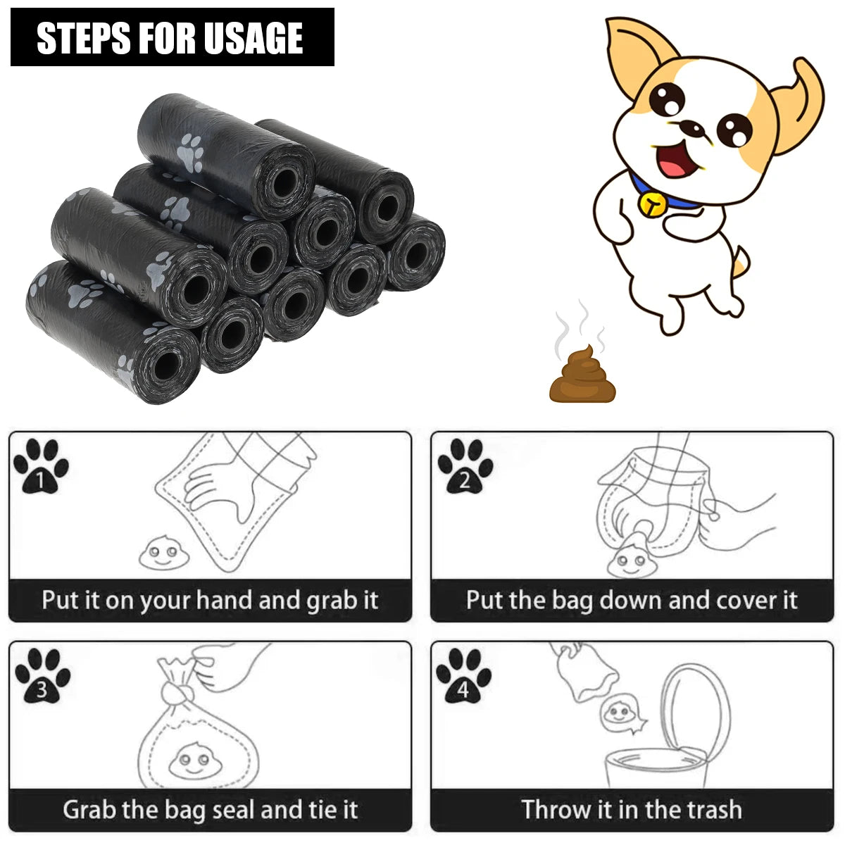 30 Rolls of Biodegradable Dog Poop Bags - Paw Print Design