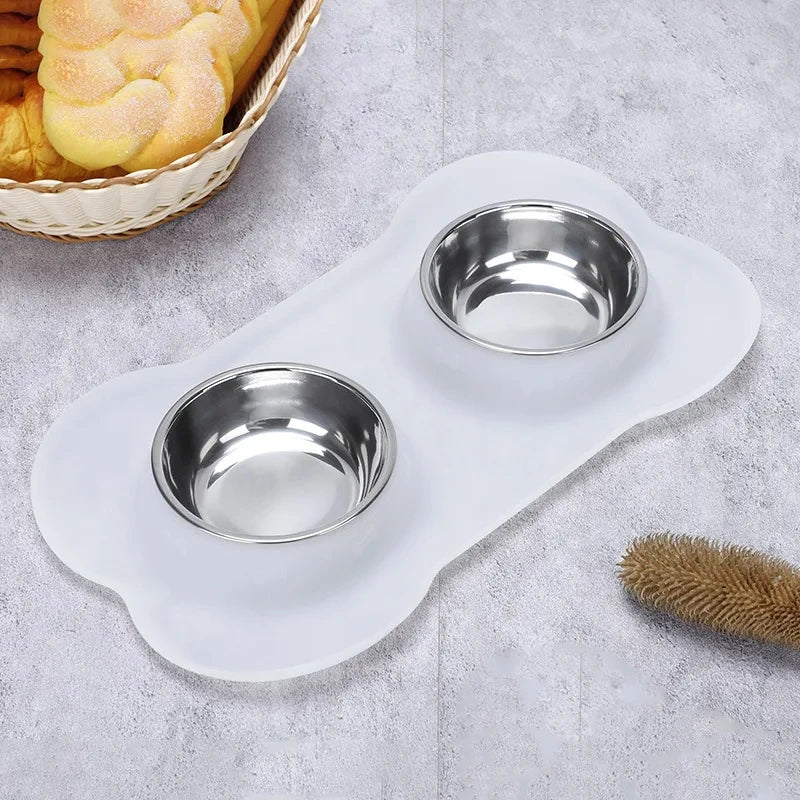 Spill-Proof Double Dog Bowl with Silicone Mat