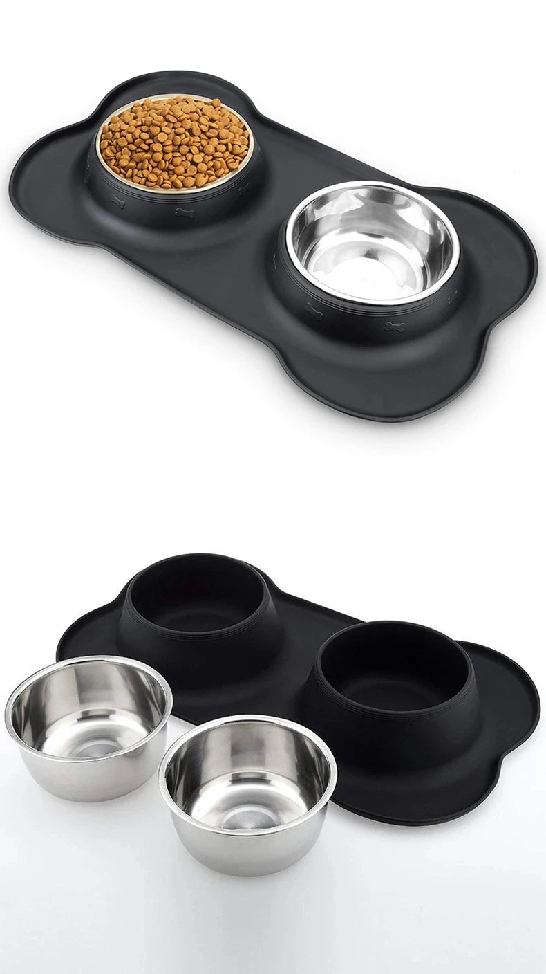 Spill-Proof Double Dog Bowl with Silicone Mat