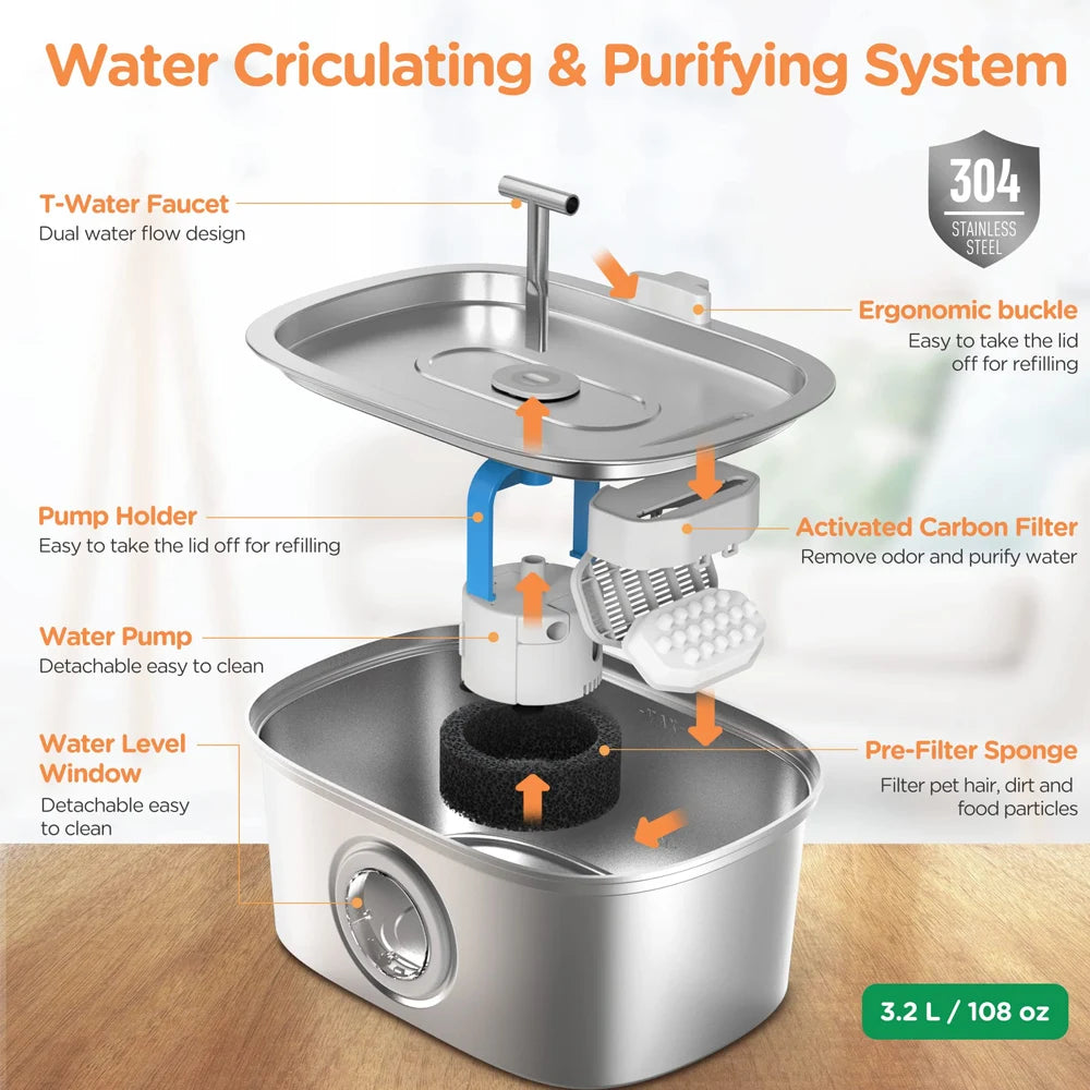 3.2L Stainless Steel Pet Water Fountain