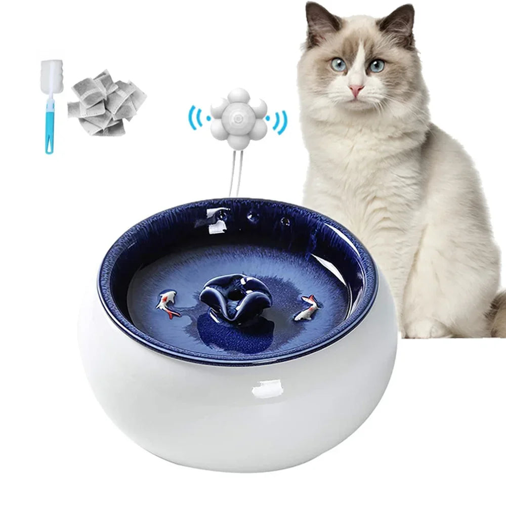 Blue-White Ceramic Pet Water Fountain, Quiet Pump & Smart Sensor - Aussie Cats' Hydration Oasis!