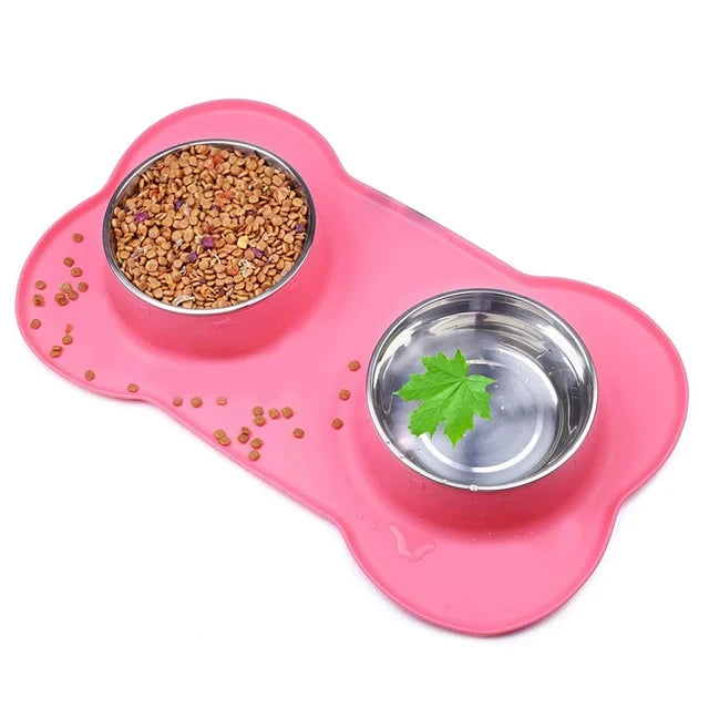 Spill-Proof Double Dog Bowl with Silicone Mat