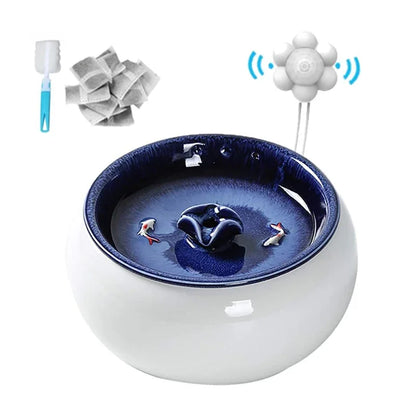 Blue-White Ceramic Pet Water Fountain, Quiet Pump & Smart Sensor - Aussie Cats' Hydration Oasis!