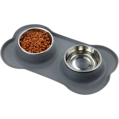 Spill-Proof Double Dog Bowl with Silicone Mat