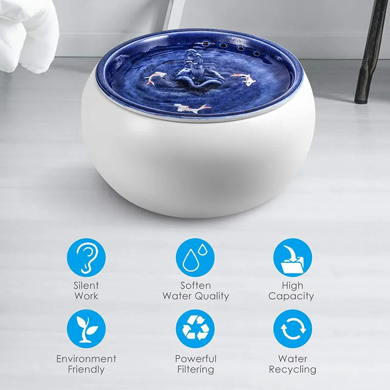 Blue-White Ceramic Pet Water Fountain, Quiet Pump & Smart Sensor - Aussie Cats' Hydration Oasis!