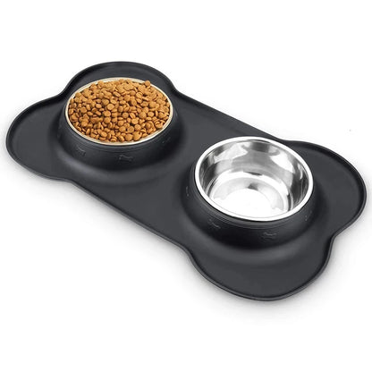 Spill-Proof Double Dog Bowl with Silicone Mat