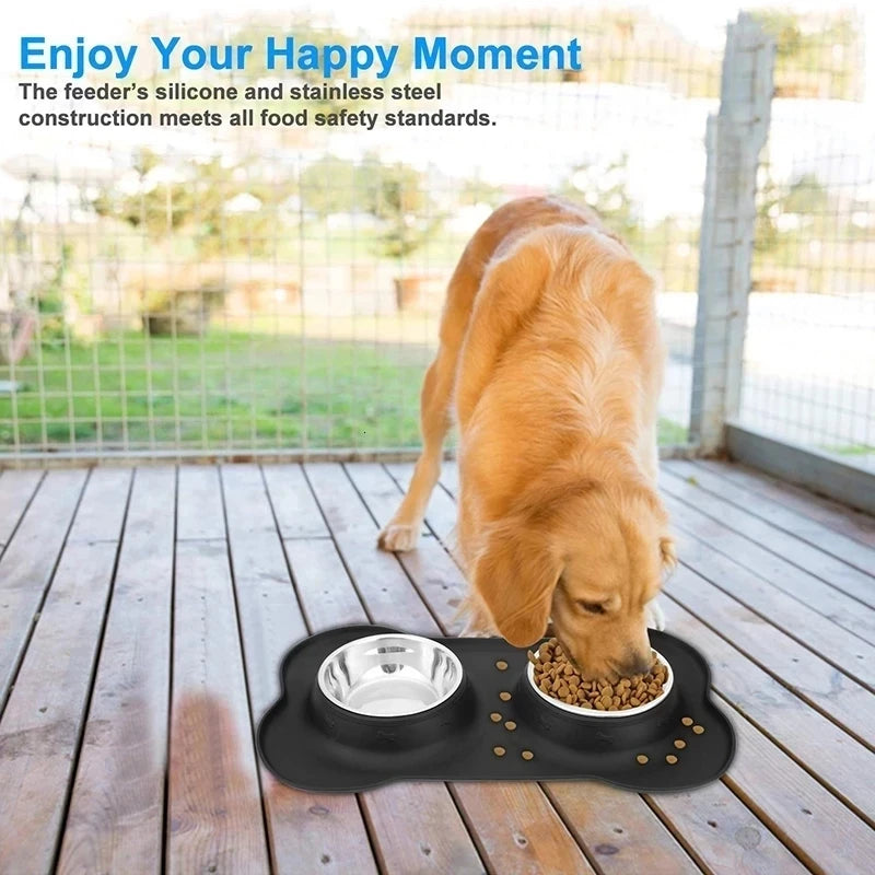 Spill-Proof Double Dog Bowl with Silicone Mat