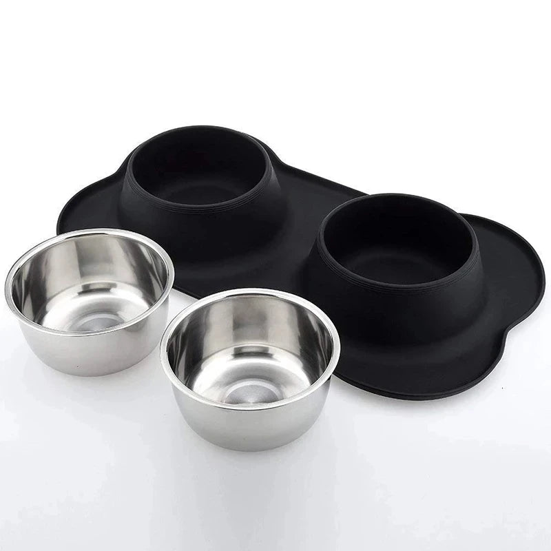 Spill-Proof Double Dog Bowl with Silicone Mat