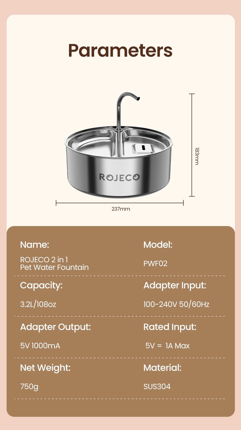 ROJECO 2-in-1 Pet Water Fountain: Happy Hydration & Easy Feeding