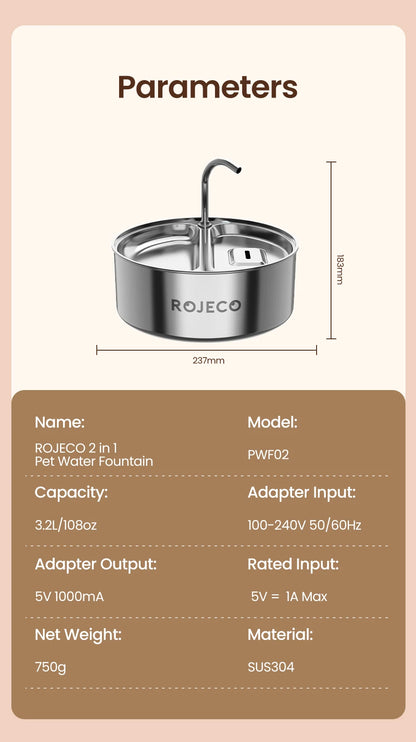 ROJECO 2-in-1 Pet Water Fountain: Happy Hydration & Easy Feeding