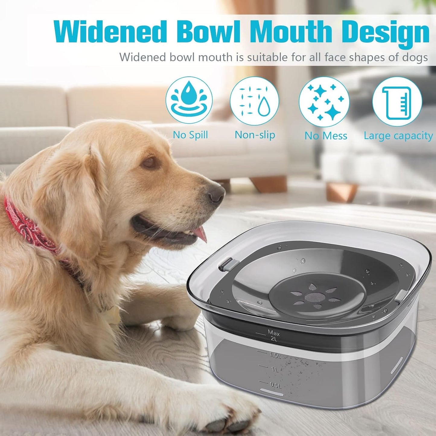 No Spill Dog Water Bowl - 2L Large Capacity Slow Feeder for Messy Drinkers